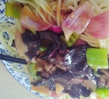Wood Ear Mushroom Stir-Fry with Pork over Noodles