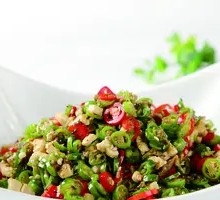 Fragrant Rice with Green Beans in Wooden Bucket