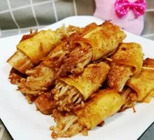 Fried Tofu Skin Rolls with Enoki Mushrooms