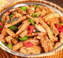 Fried Tofu and Meat in Wooden Bucket Rice