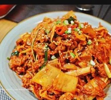 Kimchi Stir-Fried Pork Belly with Rice and Soup