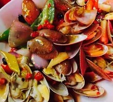 Steamed Sea Shrimp, Glass Noodles and Clams