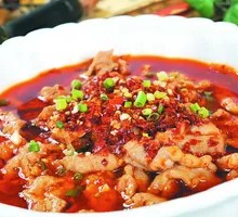 Spicy Pork Slices with Noodles, Meatballs and Rice