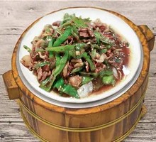 Stir-Fried Pork with Rice in Wooden Bucket
