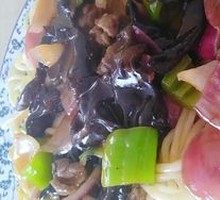 Wood Ear Mushroom Stir-Fry with Pork over Noodles