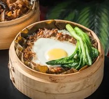 Meat Patty Steamed Egg with Lotus Leaf Rice