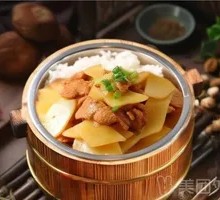 Potato and Pork Rice in Wooden Bucket