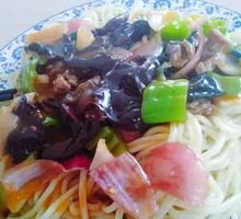 Wood Ear Mushroom Stir-Fry with Pork over Noodles