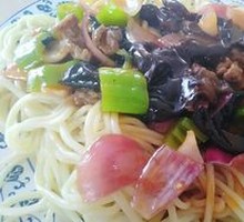 Wood Ear Mushroom Stir-Fry with Pork over Noodles