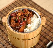 Sauce Fish Cubes in Wooden Bucket Rice