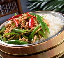 Spicy Pork with Chili in Wooden Bowl Rice