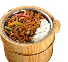 Fish-Flavored Shredded Pork with Rice in a Wooden Bucket